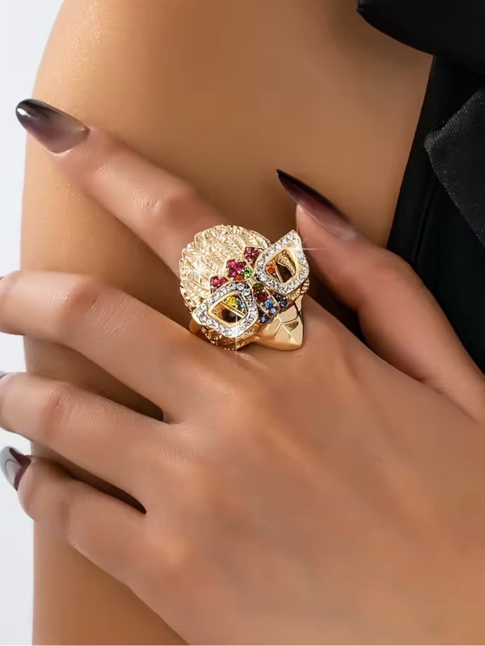 Kurt Gieger Eagle Head Statement Ring Gold Tone Crystal Rhinestone Adjustable Ri
